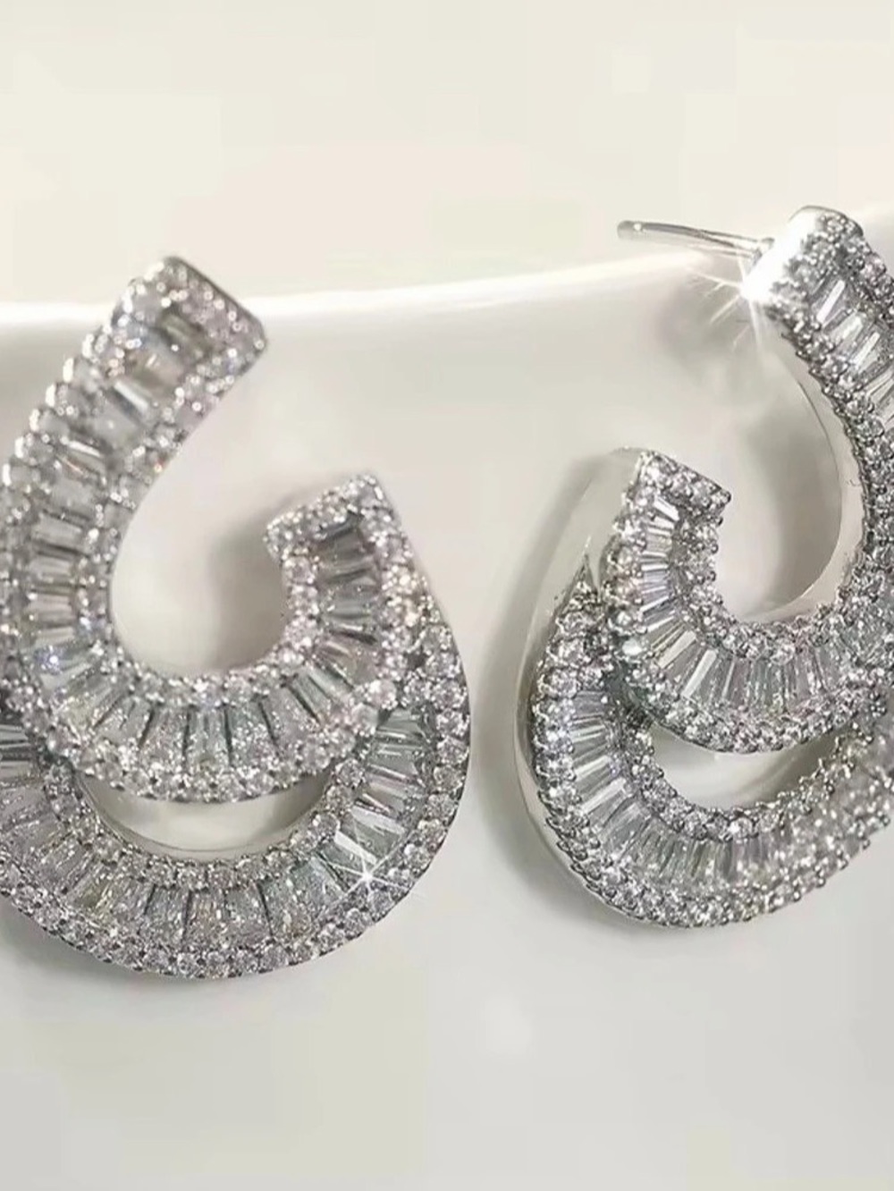 Crystal Baguette Hoop Earrings in Silver